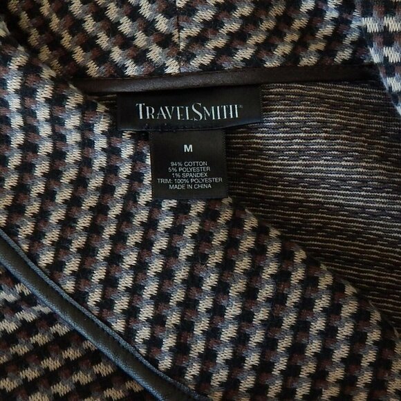 TravelSmith Brown Pattern Print Stretch Sweater Knit Faux Leather Trim Jacket M - Picture 3 of 3
